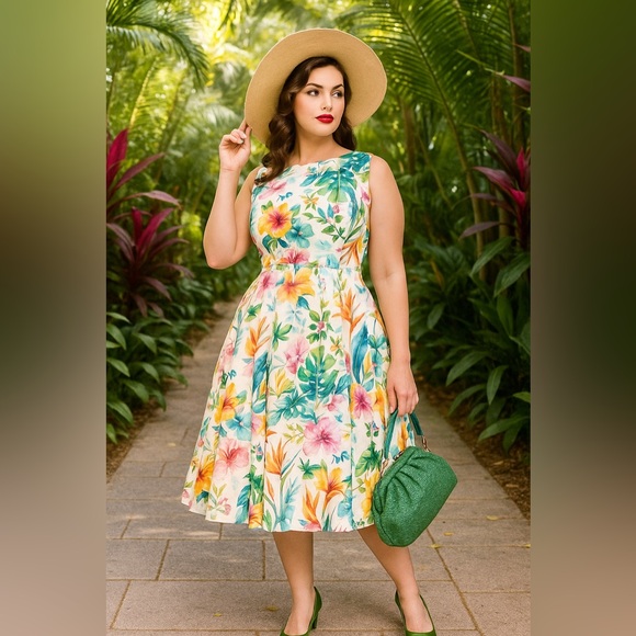 Unique Vintage 50s Tropical White & Orange Floral Cotton Swing Dress, Large, NWT - Picture 2 of 16